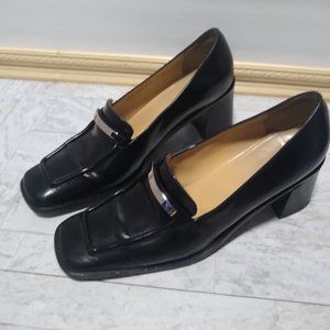 Vintage Rare Gucci Block Heeled Black Square Toe Loafers Size 8.5